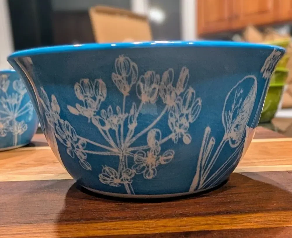 Stoneware Botanical Print Bowls, Set of 4, New, Sky Blue!